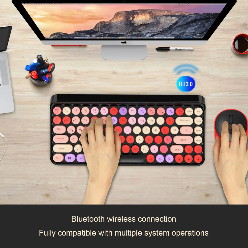 ZERODATE Новая мода Bluetooth клавиатура красочная Ретро круглая панк ключ Кепка 84 ключ беспроводная клавиатура портативные офисные игры для