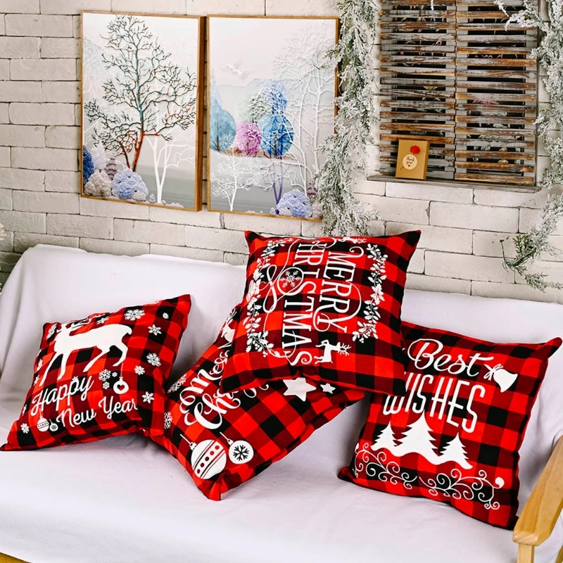 

4pcs Merry Christmas Pillow Cover Linen Throw Sofa Cushion Case Elk Decorative Home Living Room Decor