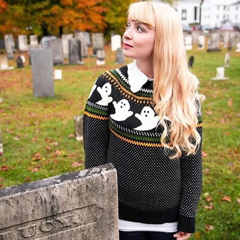 

SYJ Ghost Pattern Knit Sweater Women 2021 Fashion Winter Warm Long Sleeve Loose Comfortable Pullover Black Gothic Girl Top