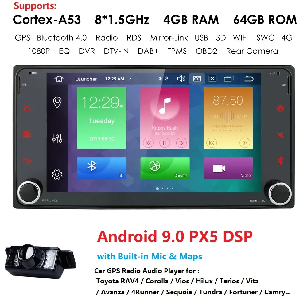 " 2Din Android9,0 автомобильный dvd-плеер радио для Toyota Hilux Corolla Camry Prado RAV4 Octa-Core Mirror Link wifi 4G стерео головное устройство