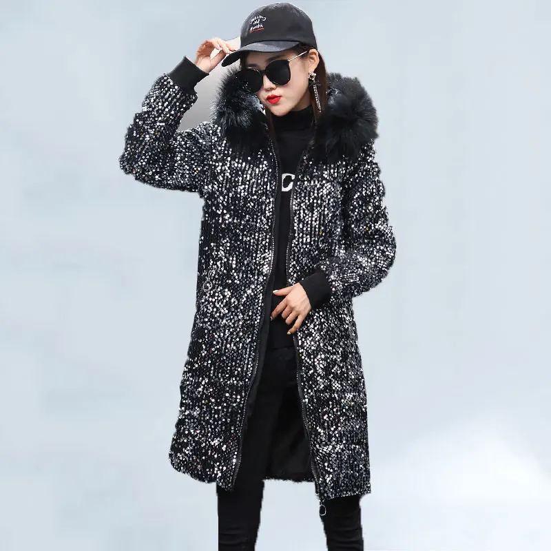 European Fashion Big Fur Collar Sequined Cotton Coat Women 2022 Casual Long Down Jacket Female Hooded Thick Warm Coat Women 294