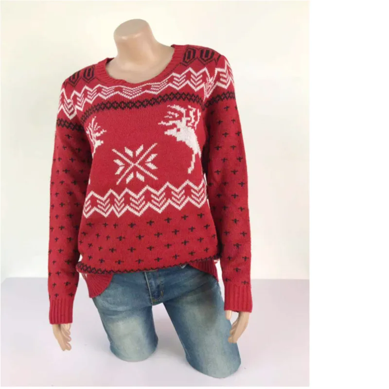 

2019 Christmas Knitting Jacquard Sweater Women Long Sleeve Sleeve Round Neck Pull Femme Autumn Winter Clothes