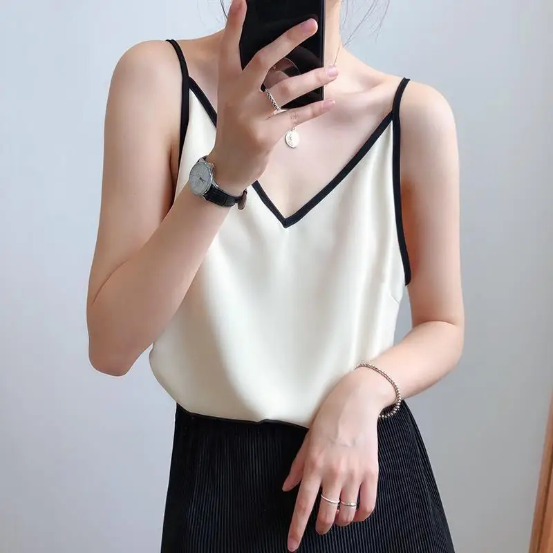 

2021 Spring Summer Sexy V Neck Sleeveless Chiffon Woman Camisole Contrast Shoulder Strap Loose Casual Women Tops Fashion Vest