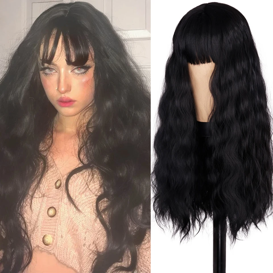 

Long Black Wigs Cosplay Synthetic Wigs with Full Bangs For White/Black Women Brazilian American pink cute natural fluffy wig