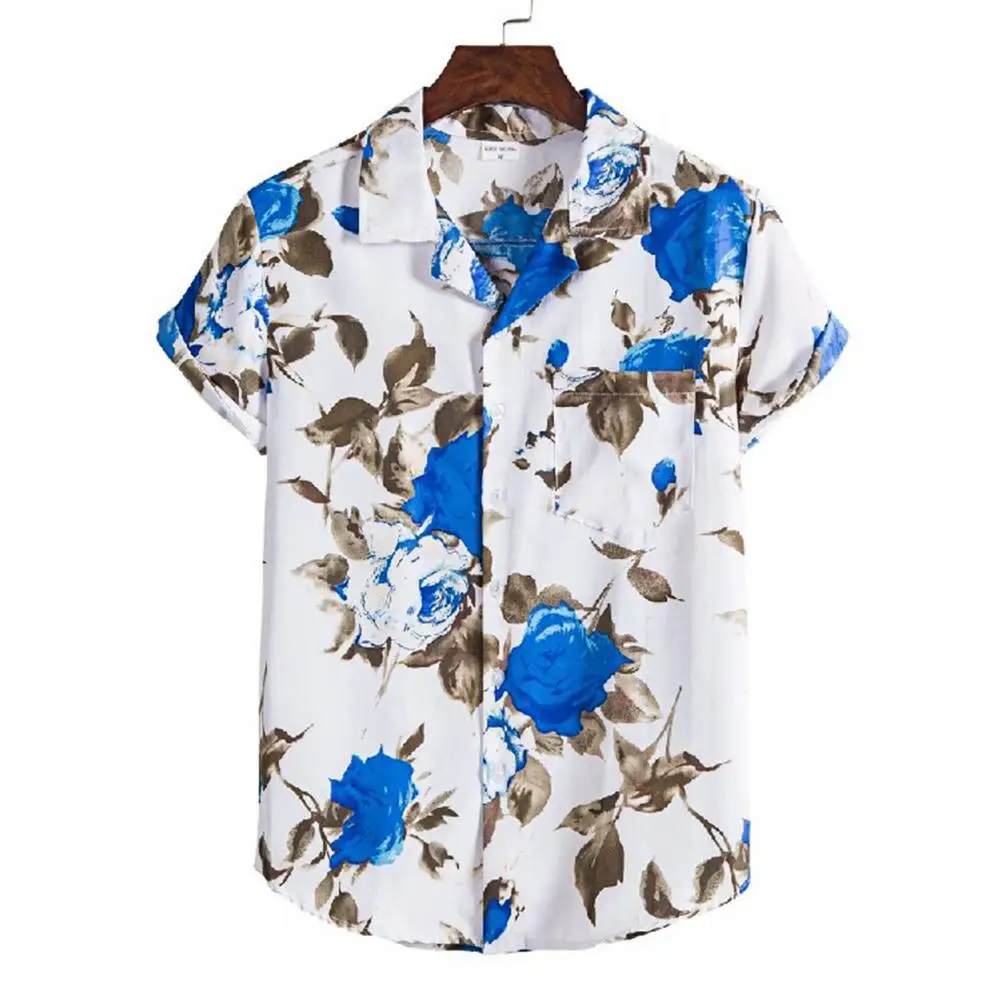 

2021 Summer Men Shirt Stylish Print Short Sleeve Turndown Collar Button Casual Shirt Hawaiian Top Shirt Beachwear