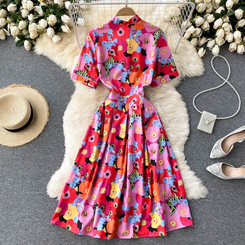

Women Short Sleeve Bow Collar Print Vintage Dress Summer Runway Fashion Midi Casual Holiday Robe Femme Aline Beach Vestidos