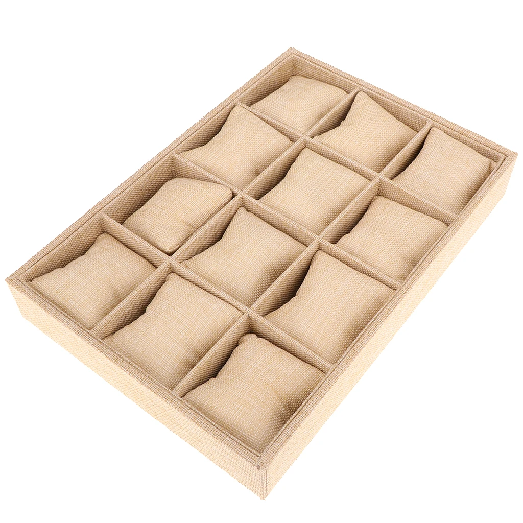

12-Slot Jute Lining Jewelry Box Necklace Display Stand with Pillows Beige Watch Organizer With Watch Pillow