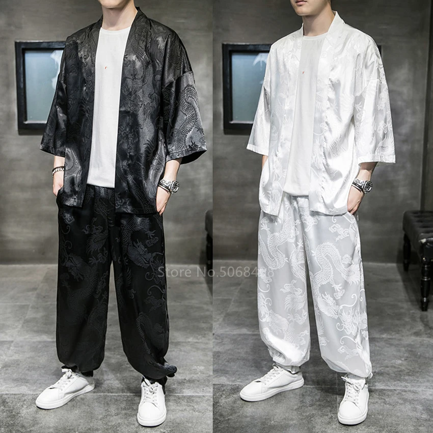 Japanese Style Vintage Kimono Haori Pants Set Men Sliver Traditional Bottom Harajuku Streetwear Samurai Cardigan Costume Yukata |