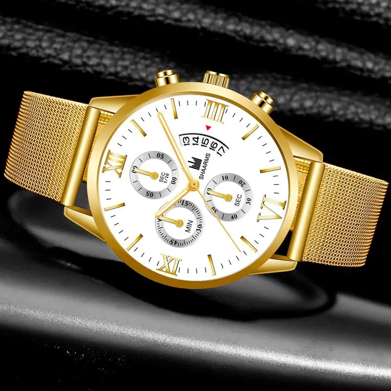 Роскошные золотые деловые часы из нержавеющей стали с сетчатым ремешком