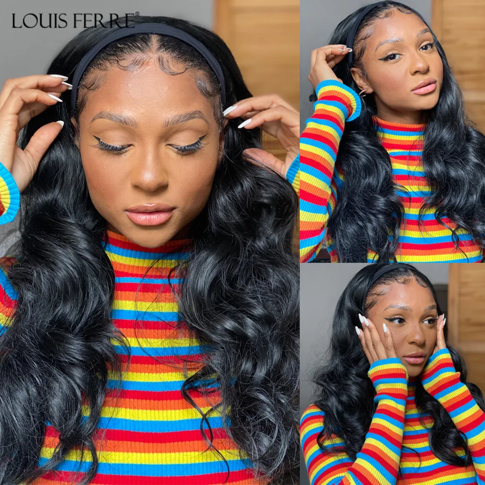 

LOUIS FERRE Synthetic Headband Wigs for Black Women Afro Long Body Wave Hair Natural Looking Daily Black Glueless Headwraps Wigs