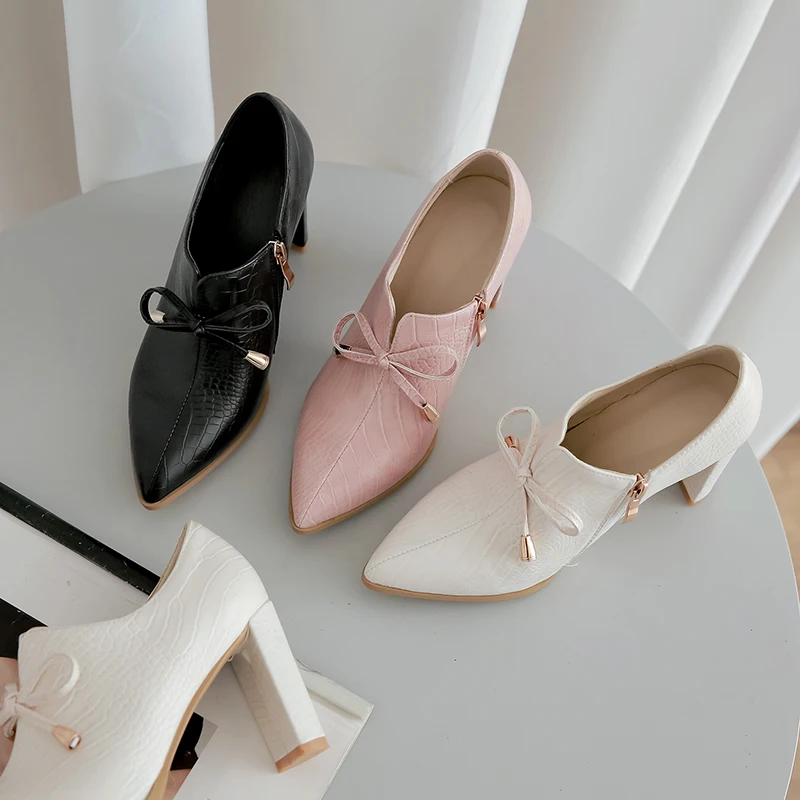 

WETKISS Ladies Pumps Bow Tie Pointed Toe Shoes Woman Zipper High Heels Pumps Women Shoes Casual Female Heels