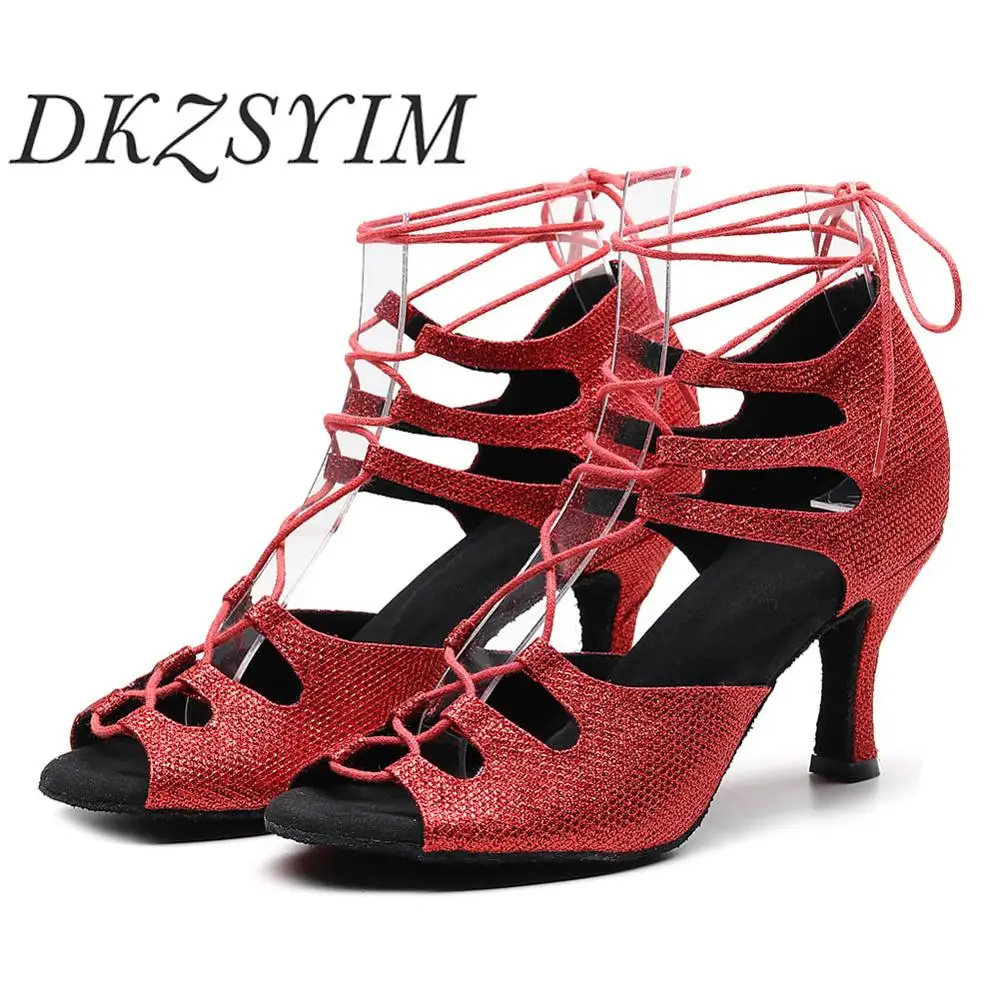

DKZSYIM Women's Ballroom Dance Latin Dance Shoes Red Salsa Tango Satin Social Shoes High Heels 6/7.5/8.5/9/10cm Suede Sole