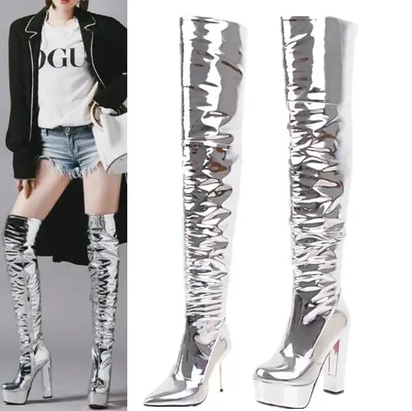 

Hot Patent Leather Sliver Pleated Over The Knee Platform Boots Sexy Stage Performance Walk Show Night Club Thigh boots Woman