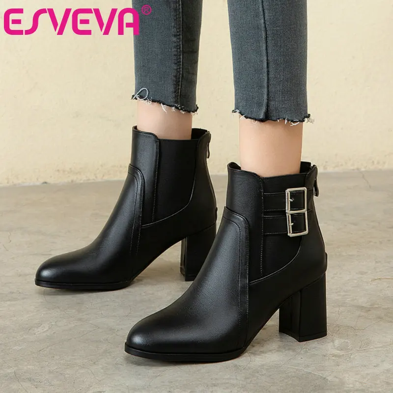 

ESVEVA/2021 г. Ботильоны из PU искусственной кожи с круглым носком на высоком квадратном каблуке женские ботинки черные ботинки в западном стиле р...