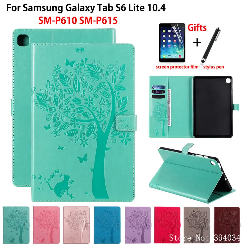 

Case For Samsung Galaxy Tab S6 Lite 10.4 Cover P610 P615 SM-P610 SM-P615 Funda Tablet Cat Tree Embossed Flip Stand Shell +Gift
