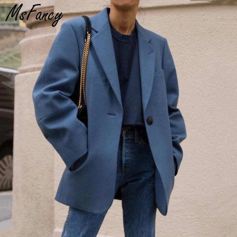 Осенний синий шерстяной Блейзер Msfancy женская мода на одной пуговице официальный