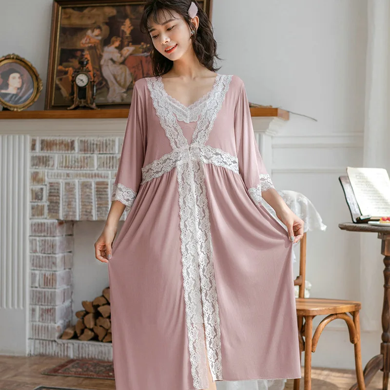 

Sweet Lace Splice Night Gown And Robe Sets for Women Viscose 2 Pieces Pijamas Night Dress Princess Sleepwear Ladies Lounge Set