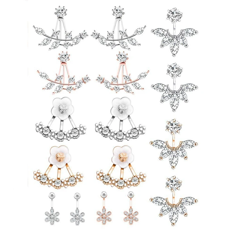 

8 Pairs Fashion Silver Leaf Flower Crystal Ear Jacket Front And Back Stud Earrings For Women Girls Set