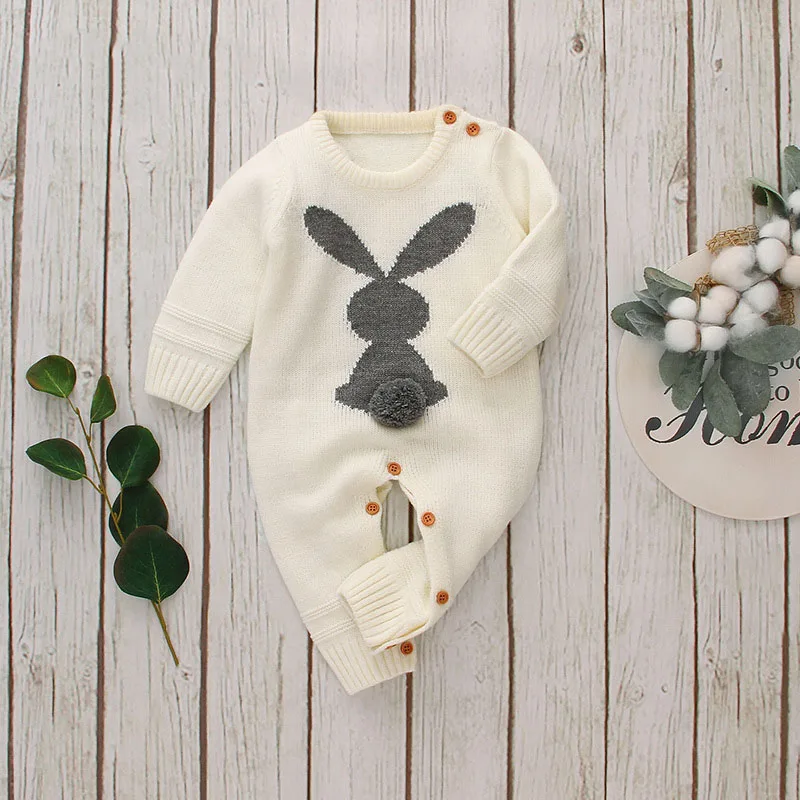 beige white Милый вязаный Кролик хвост лоскутное комбинезон для новорожденного, для малыша для маленьких мальчиков девочек переплетения с длинным рукавом комбинезон Детские комбинезоны одежда - Цвет: beige white