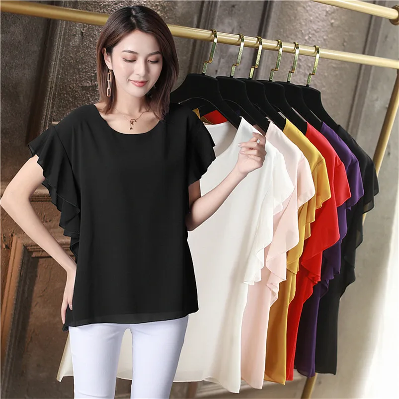 

Women's Summer New Style Chiffon Blouses O-neck Ruffles Solid Elegant Shirt Office Work Short Sleeve Tops