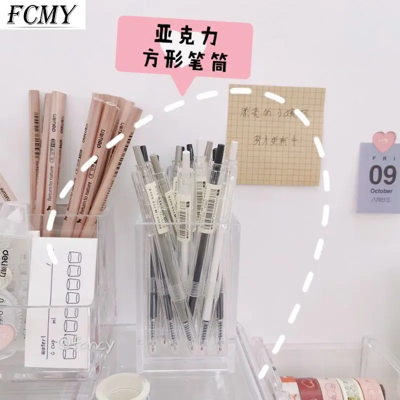 

Transparent Square Acrylic Pen Pencil Holder Desktop Makeup Brush Organizer Student Stationery Storage Box Case