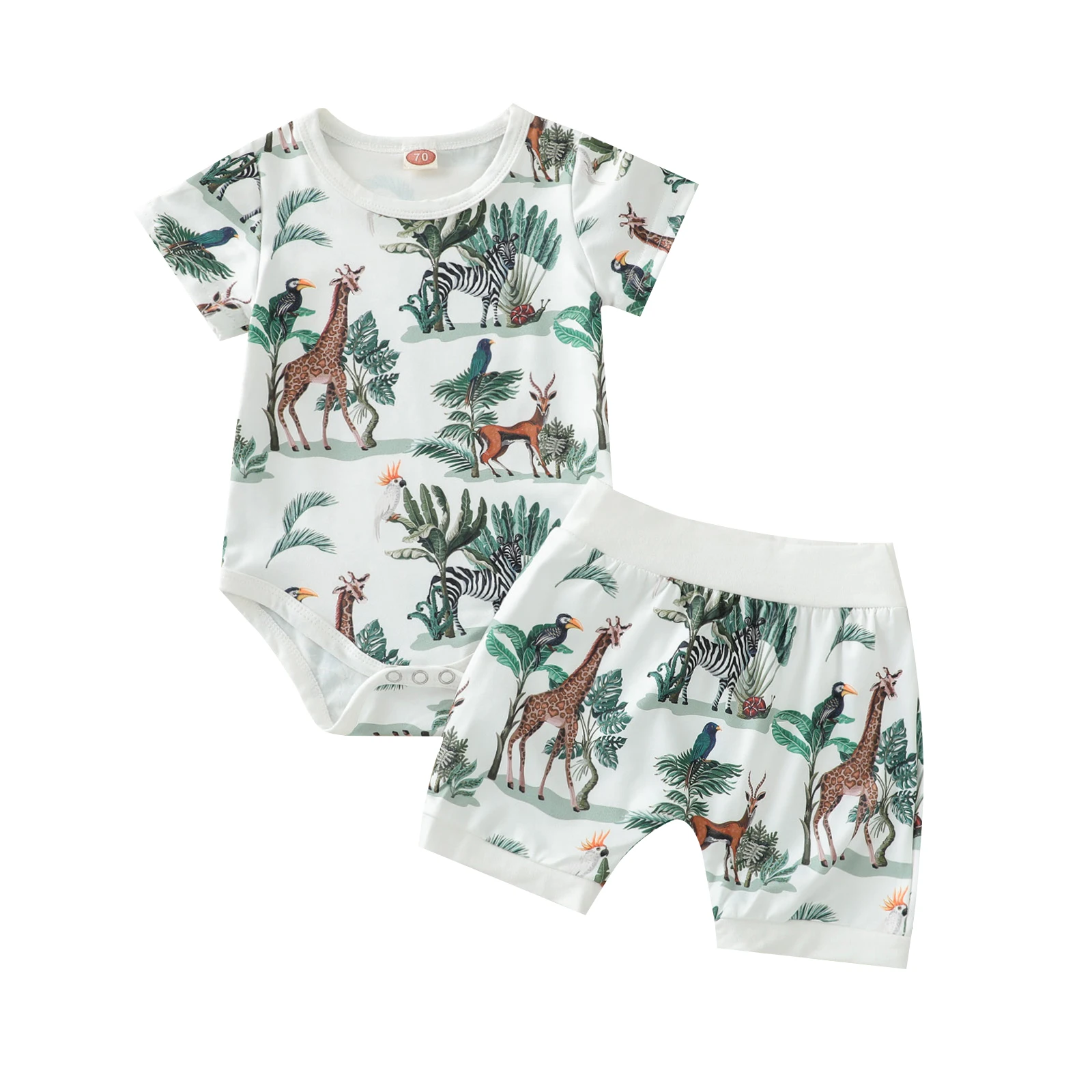 

Newborn Infant Baby 2pcs Summer Outfit Casual Set Short Sleeve Cartoon Animal Print Bodysuits+Shorts Set for Kids Boys Girls