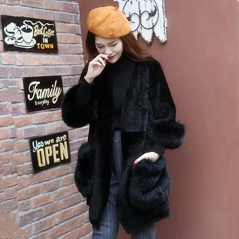 faux fur black Элегантное женское пальто из искусственного меха, осенне-зимнее теплое плюшевое меховое пальто, женские куртки размера плюс, пальто размера плюс, 3XL, розовое - Цвет: faux fur black