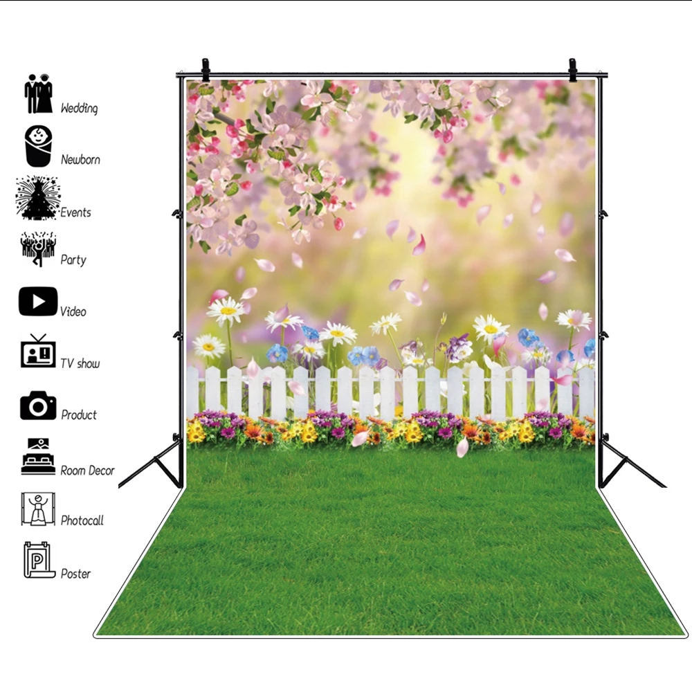 

Фон для фотосъемки весенний Пасхальный сад зеленая трава цветочный забор фон для детской портретной вечевечерние баннер фотобудка
