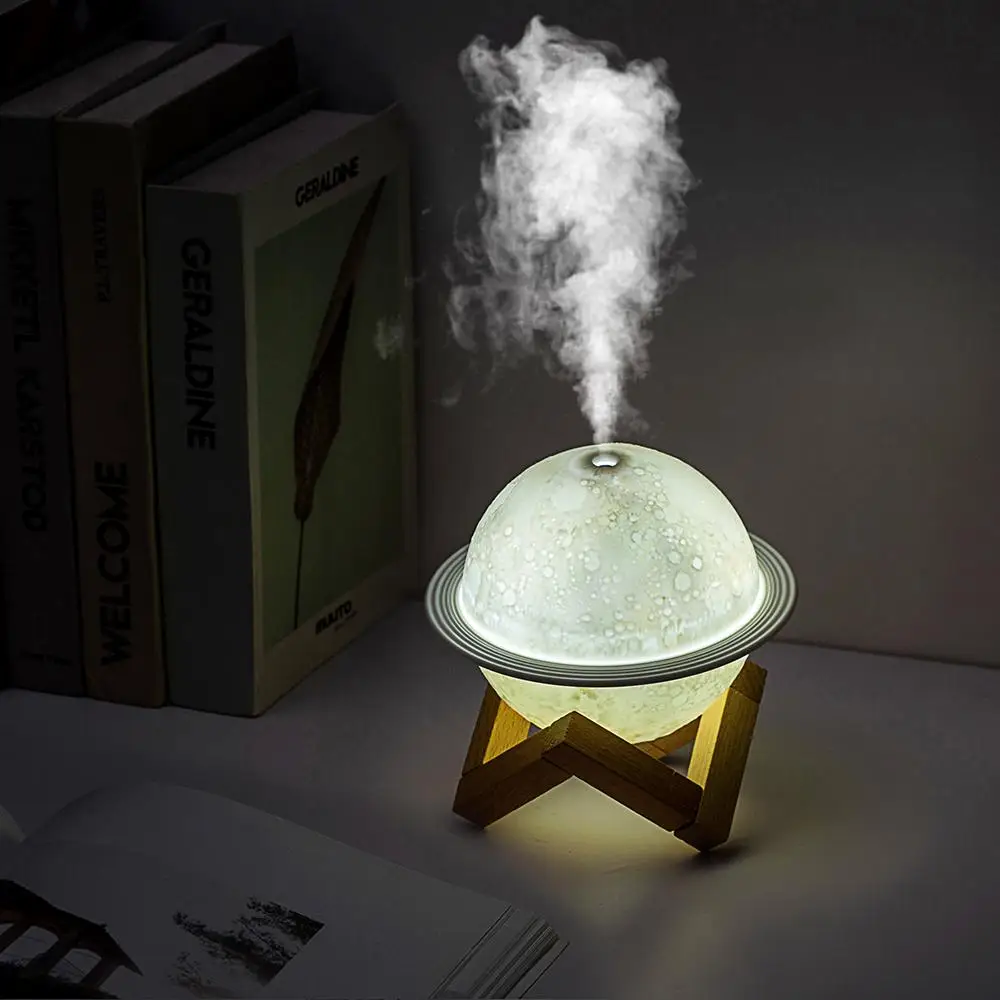 

Mini USB Humidifier Air Purifier Humidifier For Bedroom Saturn Humidifier With Wooden Base 3 Color Night Light Aroma Diffuser