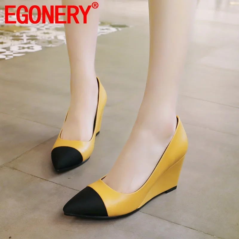 EGONERY Сезон весна Новинка Модные женские туфли лодочки на снаружи обувь высоком