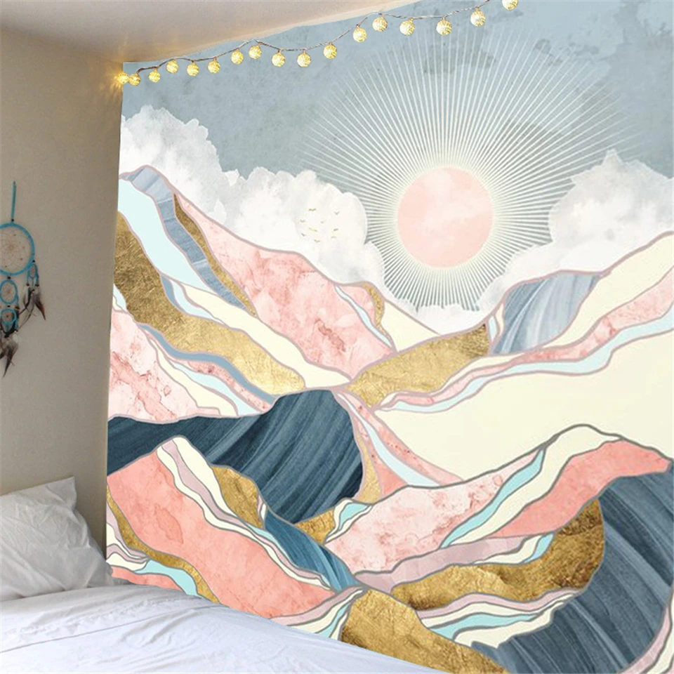 

Nordic Sun Mountain Tapestry Abstract Pink Bohemia Mandala Tapestry Wall Hanging Psychedelic Tapiz India Wall Cloth Blanket Yoga