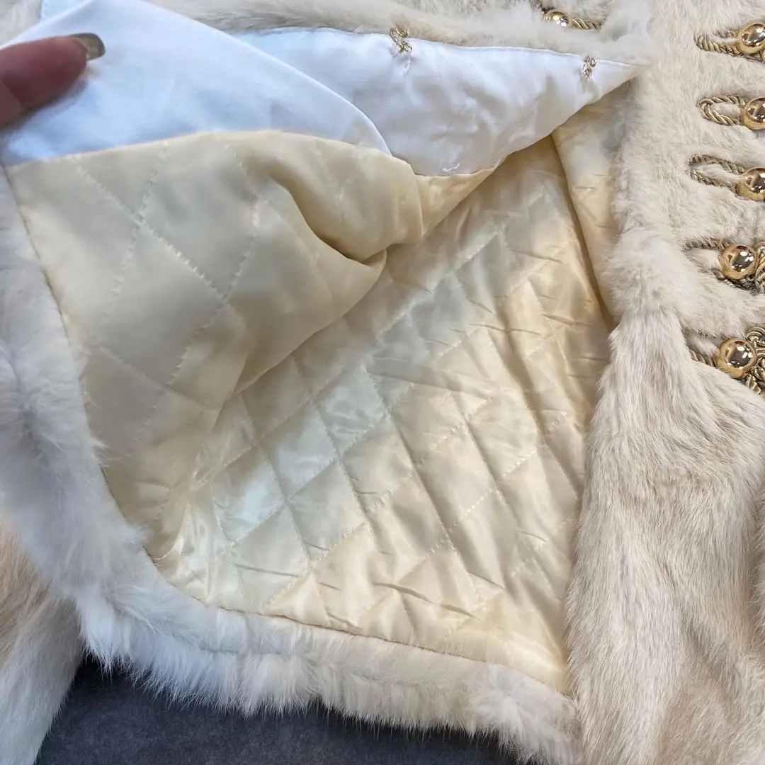 

ZCSMLL Winter 2021 round neck long sleeve gold buckle decoration antique rabbit fur fur cotton coat loose fashion tide