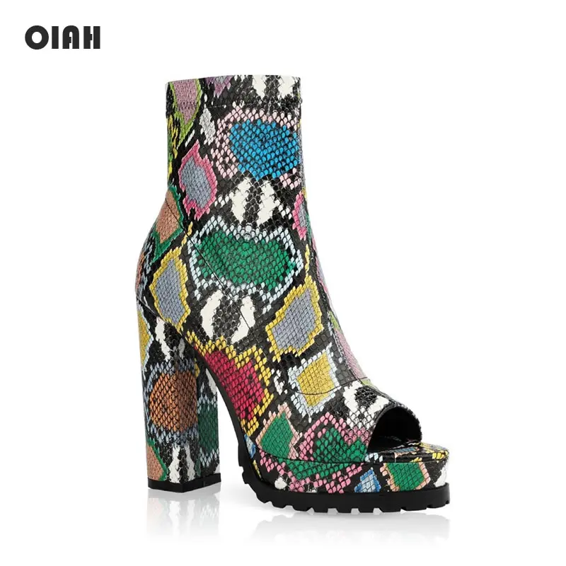 

Summer Women Platform Boots Open Toe Snake Skin Ankle Boots Sexy PU Leather Zipper Cool Bootie Nightclubs Female High Heel Shoes