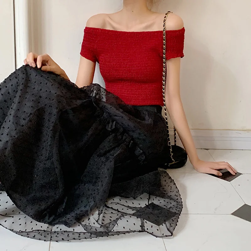 Женская летняя юбка из тюля в горошек новинка 2019 модная черная миди сеточку