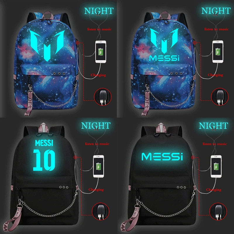 Рюкзак Месси с USB зарядкой модный светящийся ранец детский дорожный