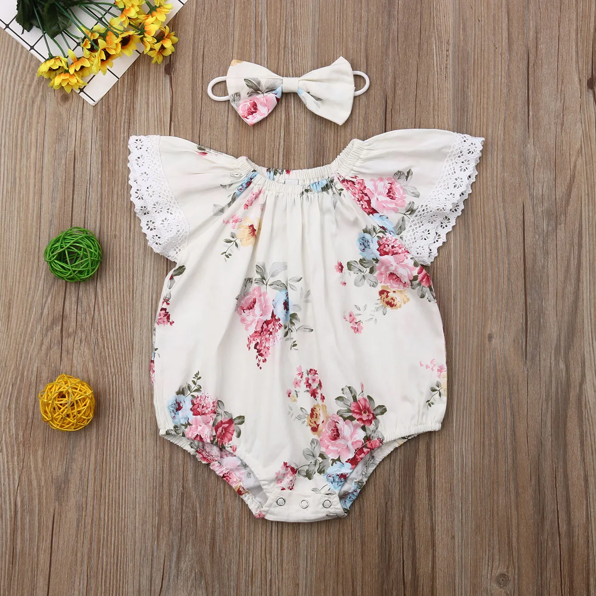 Ropa sin mangas para ni&ntilde;a reci&eacute;n nacida, Pelele con volantes de encaje y estampado de flores, diadema, trajes de 2 piezas, ropa de verano-1