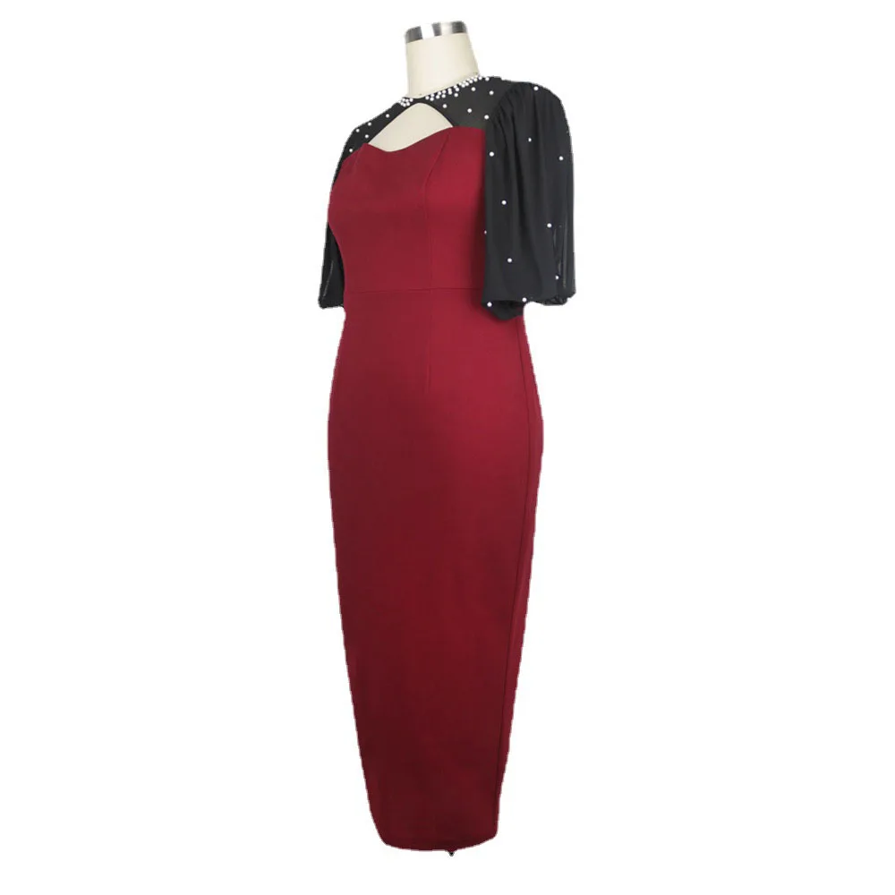 

Summer New Western Style Round Neck Cape Sleeve Splicing Beading Hollow Out Color Contrast Women's Dress Solid Color 2021