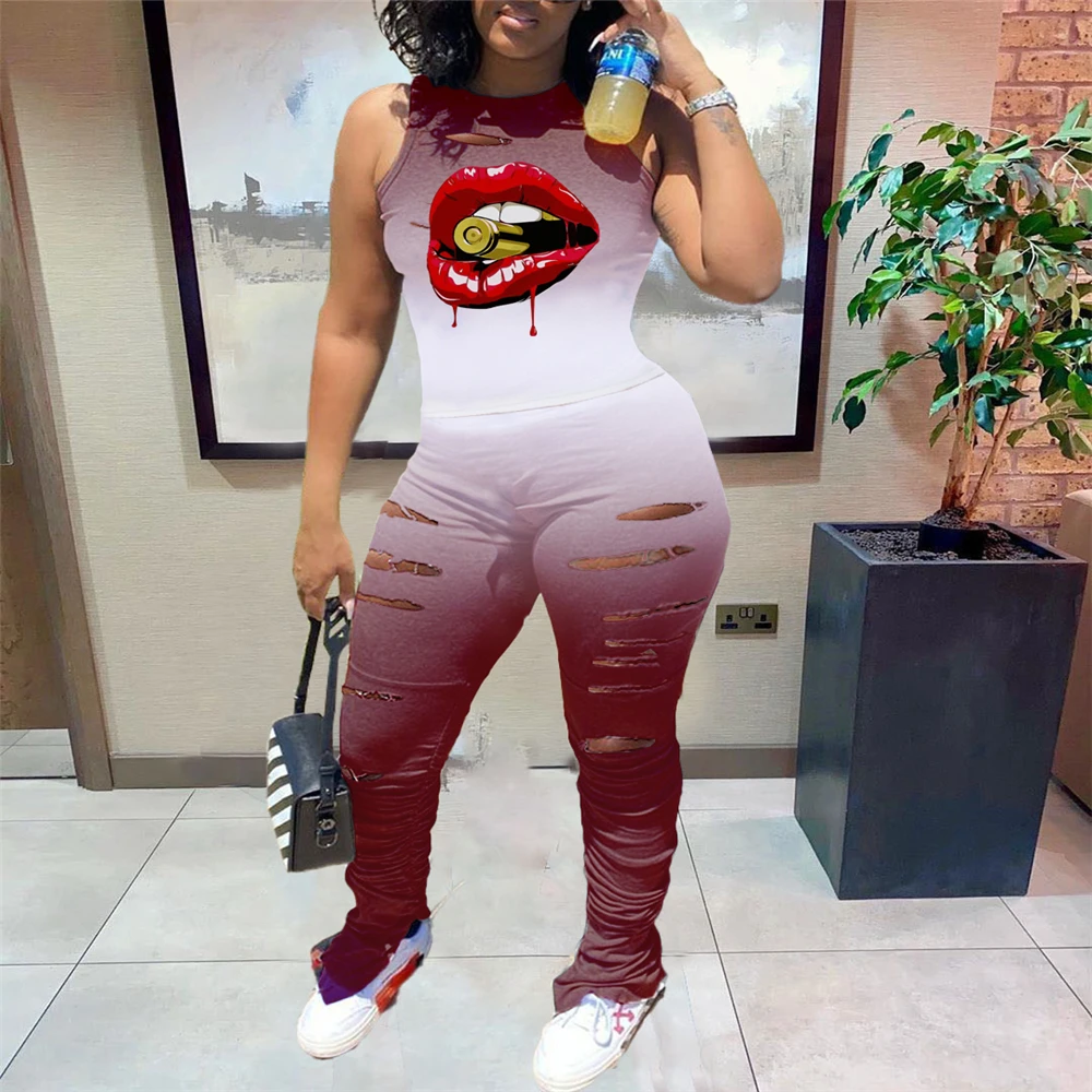 

Q7188 Europe and the United States new fashion women's lips print gradient burnt flower casual pants two-piece set available fro