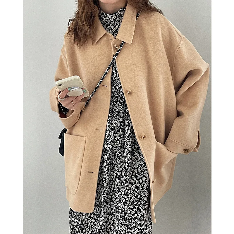 

2021 Autumn Korean Loose Single Breasted Black Woolen Oversized Overcoat Women Handmade Double-Sided Short 100% Wool Coat