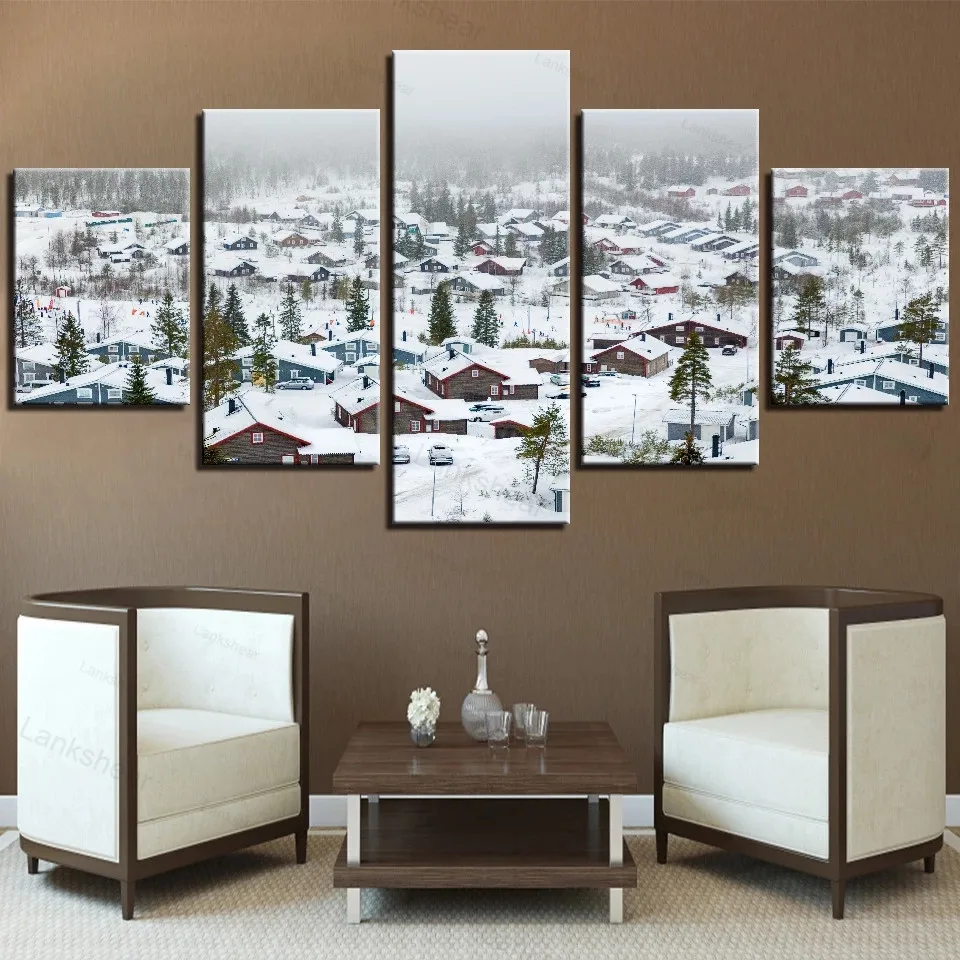 

5 Pieces Snow Canvas Painting Winter Season Wallpapers City Village Landscape Posters for Home Room Art Decor Framework Modular