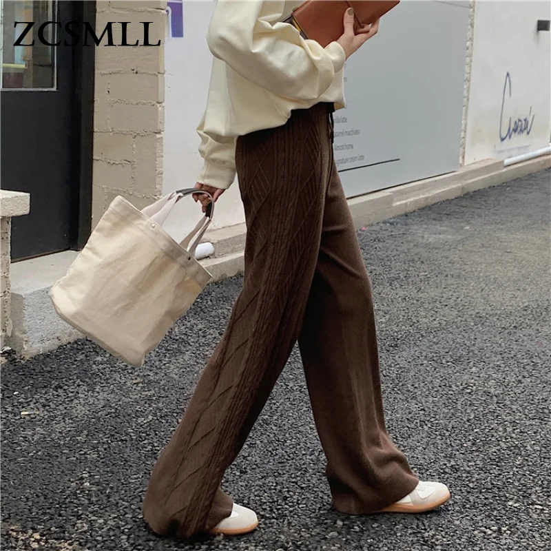 

ZCSMLL зимние 2021 коричневые хаки трикотажные брюки женские корейские модные брюки серые брюки с высокой талией теплые широкие брюки