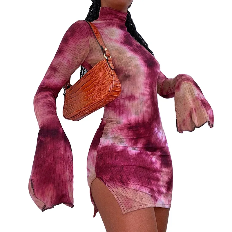 

Flare Long Sleeve Mini Dress Turtleneck Knitted High Split Hem Sexy Bodycon Tie Dye Vestidos Elegant Club Streetwear Robe Mujer