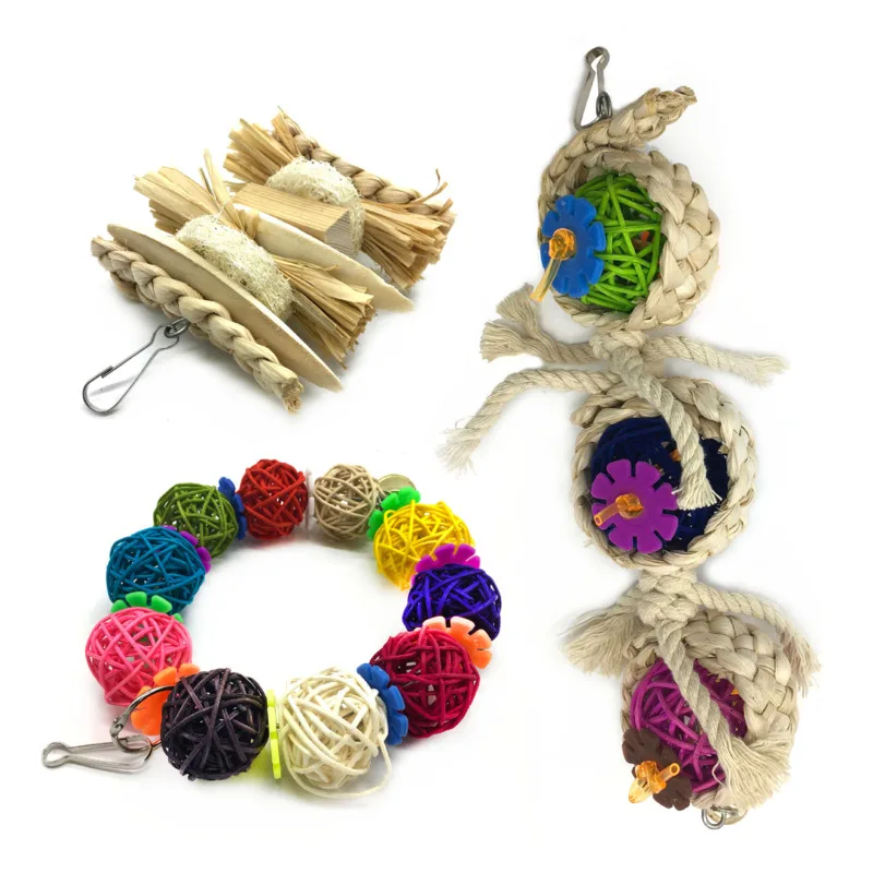 

3pcs Set Cockatiel Parrot Bird Toys Parrot Bite Swing Toys Colorful Wooden ball Cage Hanging Ornament Pet Bird Supplies