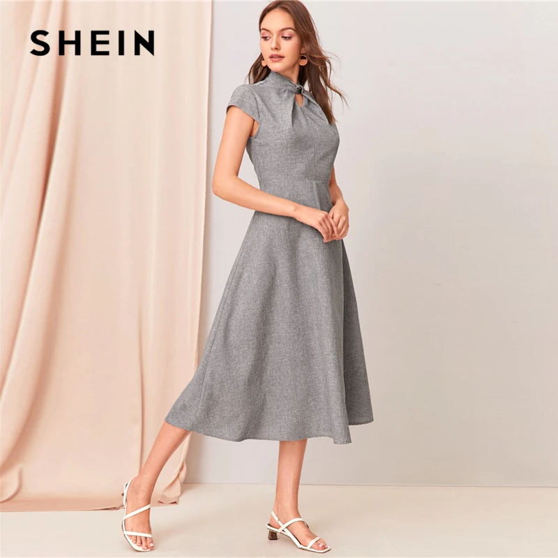 SHEIN, серое, с вырезом, с закручивающимся спереди, с коротким рукавом, расклешенное длинное платье для женщин, летнее, с воротником-стойкой, на молнии, сзади, элегантное платье трапециевидной формы