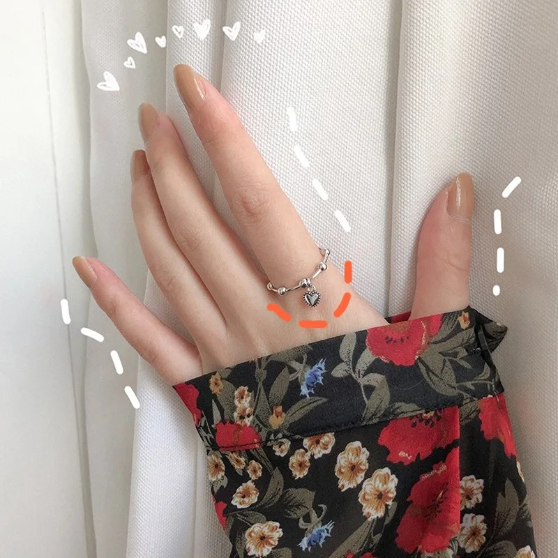 

ins retro baroque style old love pendant ring female personalized round bead index finger ring tail ring hand ornament