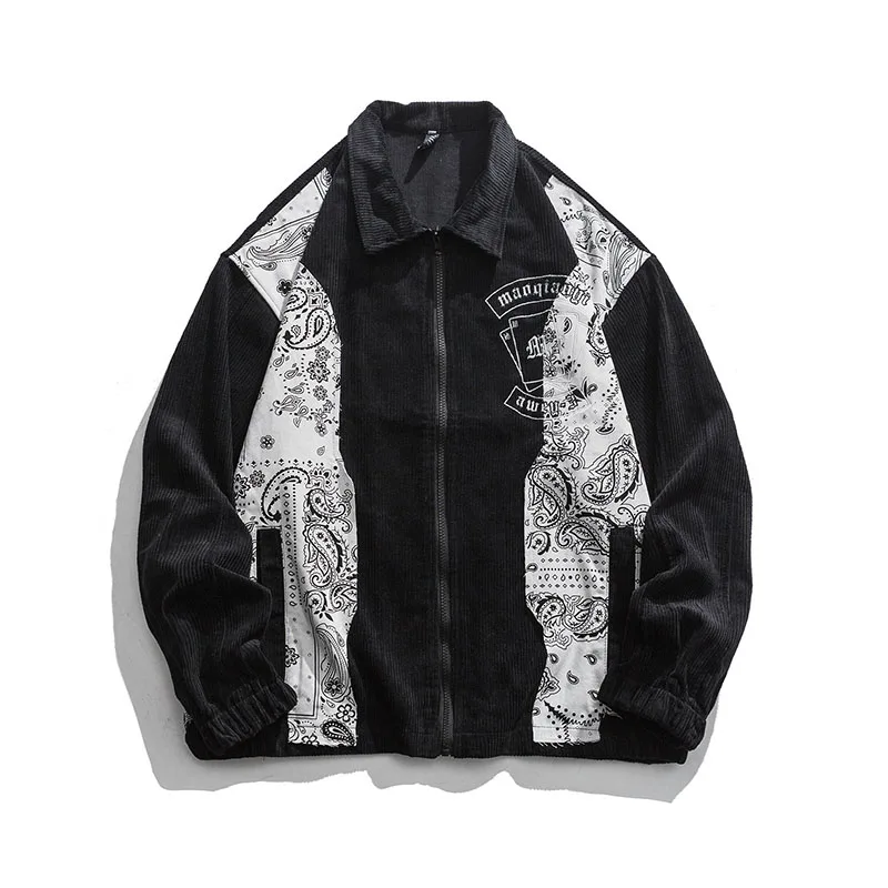 

Вельветовая куртка в стиле пэчворк для мужчин, винтажная уличная одежда с цветочным принтом кешью, весна-осень