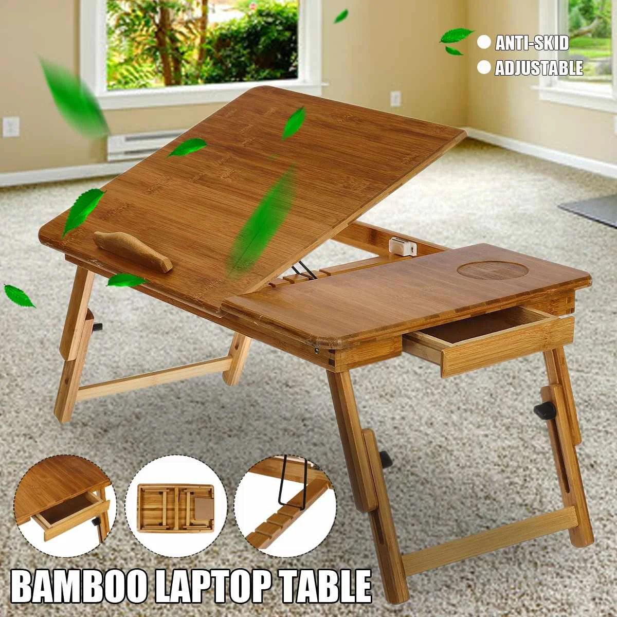 

Стол компьютерный из бамбука для кровати, регулируемый столик для ноутбука, простой складной, для спальни, дивана, спальни, полка для ноутбу...