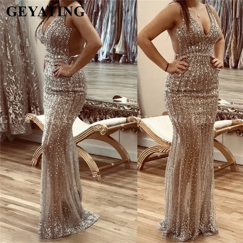 Sexy V-Neck Backless Luxury Crystal Silver Prom Dresses Full Diamond Mermaid Evening Gowns Long African Formal Gala Dress