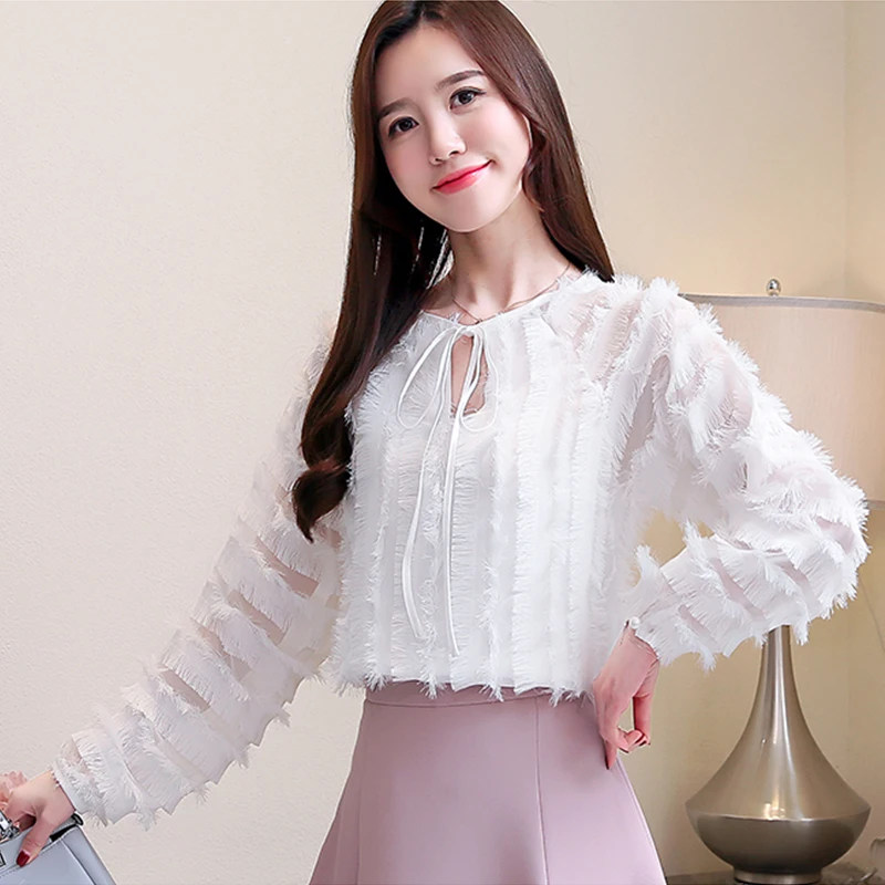 Однотонные белые кисточкой Для женщин Шифоновая блузка полые кружева с длинным