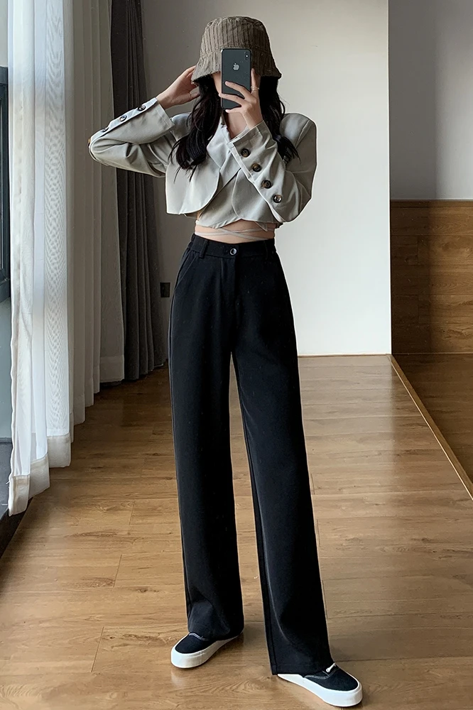 

Women Suit Pants Straight Harajuku Formal High Waist Wide Leg Pants Casual Trousers Office Elastic Waist Work Pants Plus Size